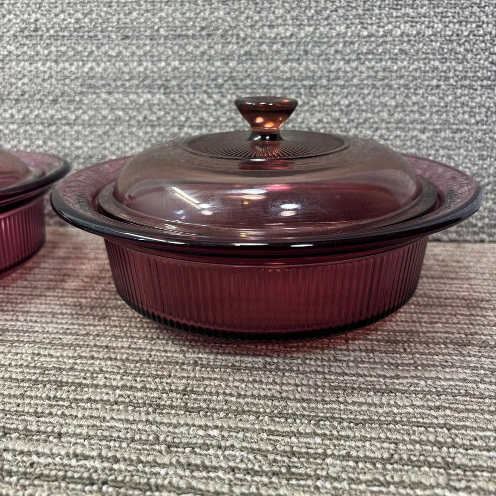 Corning Vision Casserole Dish Cranberry 1 Quart V-31-B, & 24 oz V-30-B USA Set 2